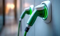Electric vehicle charging station with glowing green light, power cable connected to wall socket for eco-friendly transportation.
