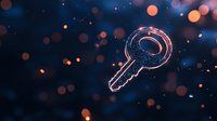 Glowing key silhouette floating in dark space with orange and blue bokeh lights creating magical atmosphere for security and access concepts.
