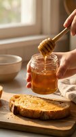 Person with medium skin tone drizzling golden honey from wooden dipper into glass jar above toasted bread slice on wooden board in bright kitchen setting with window light.