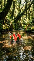 Fresh watermelon slices floating in natural forest stream with moss-covered trees and ferns creating peaceful woodland scene for summer refreshment concepts.