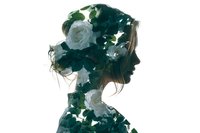 Woman silhouette with green floral double exposure effect featuring roses and leaves on white background for creative design projects.