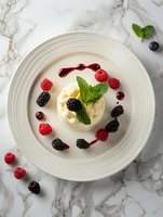 Elegant dessert with vanilla ice cream scoop garnished with fresh raspberries, blackberries, mint leaves and berry sauce on white plate against marble background.