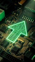 Green glowing arrow with binary code on computer circuit board representing data transfer, digital growth, and technological advancement in electronics.