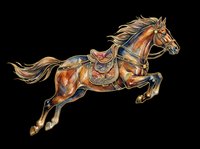 Ornate leaping horse with decorative saddle, watercolor style, isolated on transparent background. Great for stickers, t-shirt design, print on demand, and sublimation crafts.