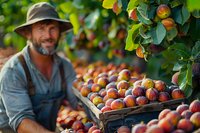 Mature Caucasian farmer with gray beard harvesting fresh ripe peaches in wooden crates at orchard garden during summer season, sustainable agriculture concept.