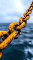 Close-up of weathered yellow maritime chain with rust and corrosion, ocean and waves blurred in background. Suitable for nautical, industrial, and shipping concepts.