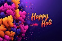 Vibrant Holi festival celebration with colorful powder explosions in pink, orange and purple, festive text on dark background with dynamic paint splashes.