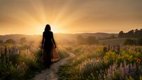 Woman in dark dress standing on rural path through blooming wildflower field at golden sunrise, contemplative outdoor scene for nature and lifestyle content.