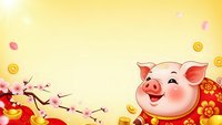 Cute pink pig in traditional red outfit winking with gold coins and cherry blossoms on yellow background for Chinese New Year celebration design.