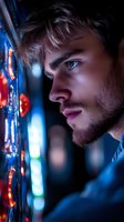 Young bearded man with intense gaze in profile against neon lights and bokeh background creating dramatic cyberpunk atmosphere in blue and orange tones.