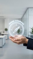 Businessman hand holding glowing inner compass hologram in modern office space representing personal guidance and self-direction in professional environment.