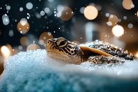 Macro shot of golden wedding rings nestled in crystalline snow with magical bokeh lights creating romantic winter atmosphere, perfect for wedding photography.
