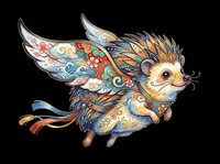 Ornate flying fox with decorative patterned wings and body featuring gold, blue, and red details, isolated on transparent background ready for t-shirt design, clipart, stickers, and print-on-demand products.