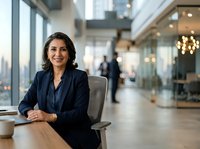 Confident female executive with dark wavy hair and olive complexion sits at desk in modern office lobby, wearing navy blazer, smiling at camera with professional demeanor.