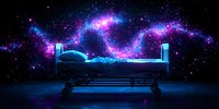 Surreal night scene with empty bed against cosmic sky, glowing nebula and stars in purple and blue colors creating dreamlike atmosphere for sleep concept.