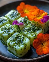 Fresh cucumber appetizers garnished with herbs and vibrant edible orange and purple pansy flowers served on dark ceramic plate, macro food photography.