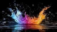 Vibrant multicolored liquid splash with rainbow hues creating dynamic crown formation against dark background with water droplets and reflections.