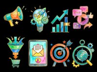 Watercolor digital marketing icon set isolated on transparent background, ready for stickers, clipart, t-shirt design, and print on demand projects.