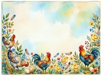 Watercolor Easter frame with rooster, hens, chicks, eggs, and wildflowers on a soft pastel background with copy space for text.