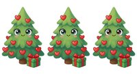 Cute kawaii Christmas trees with heart decorations and gift boxes, isolated on white background, perfect for holiday clipart and design.