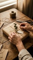 Adult male hands wrapping kraft paper gift box with dried eucalyptus branch and twine for eco-friendly present packaging and sustainable holiday decoration.