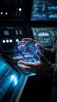 Hands holding holographic brain projection in futuristic control room with digital displays and advanced technology interface for AI and neuroscience concepts.