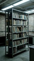 Industrial basement library with metal shelving unit filled with books in underground storage room with exposed brick walls and fluorescent lighting.
