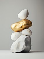 Balanced stack of white and gold stones on gray background, featuring minimalist composition with one metallic gold rock amid natural white stones. Modern zen art concept.