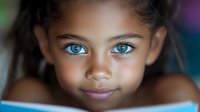 Young girl with striking blue eyes and dark hair against blurred background, showcasing natural beauty and innocence in soft lighting.