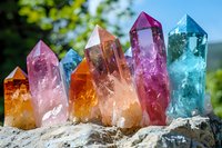 Colorful healing crystal points collection on natural stone in sunlight, featuring pink, orange, purple and blue quartz specimens with raw textured bases.