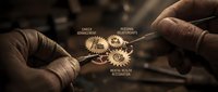 Business hands connecting glowing gear mechanisms with career management and personal development text labels on dark background.