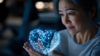 Asian woman holding glowing blue digital heart hologram in dark room, illustrating healthcare technology, artificial intelligence, and digital transformation in medicine.