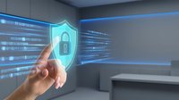 Hand touching glowing cybersecurity shield icon with digital data streams in modern tech environment for business protection concepts.