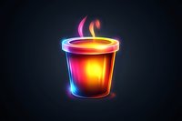 Glowing neon coffee cup icon with vibrant multicolored light effect on dark background, modern design element for cafe and restaurant branding.