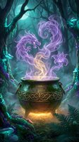 Magical cauldron emitting glowing purple and golden ethereal smoke in enchanted forest setting with twisted trees and mystical atmosphere for fantasy game design.