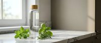 Fresh mint leaves and rosemary herbs beside glass water bottle on marble kitchen counter with natural sunlight streaming through window.