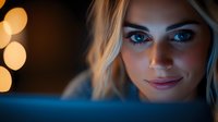 Young blonde woman with blue eyes working late on laptop computer with warm bokeh lights in background creating cozy evening atmosphere for productivity concepts.