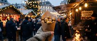 Hand holding paper cone with roasted chestnuts at festive Christmas market with warm lights and wooden stalls in evening atmosphere for holiday celebrations.