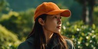 Young Asian woman wearing bright orange cap gazing thoughtfully in lush green natural setting, soft golden light illuminating her profile.