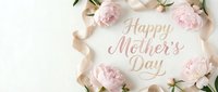 Elegant Mother's Day greeting card with soft pink peonies and golden ribbon on white background for holiday celebrations and gift designs.