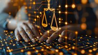 Digital justice scales over hands typing on keyboard with glowing orange network connections, perfect for legal technology, cybersecurity law, and digital transformation in legal industry.