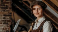 Young Caucasian woman in vintage newsboy cap and suspenders smiling at camera against brick wall background. Retro style portrait with warm tones and natural lighting.
