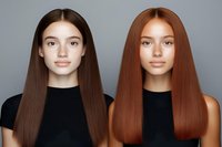 Two young women with long straight hair, one with dark brown and one with copper red color, wearing black tops against gray background, beauty portrait.