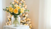 Yellow roses in glass vase with warm bokeh lights creating elegant home decor atmosphere for romantic occasions and interior design projects.