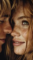 Close-up of young couple with freckles and golden hair sharing an intimate moment, showcasing natural beauty and emotional connection.