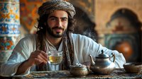 Middle Eastern man with beard and traditional headwear enjoying tea ceremony in ornate setting with decorative teapots and ceramic cups against mosaic background.