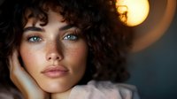 Close up portrait of young woman with curly dark hair, bright blue eyes and freckles in warm evening lighting, hand touching face, natural beauty makeup look.