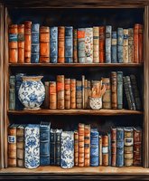 Vintage bookshelf with antique leather-bound books in blue and orange tones, decorated with traditional blue and white chinoiserie vases and pencil holder on wooden shelves.