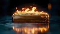 Burning liquid in glass container creates dramatic reflection on dark water surface with bright orange flames and mysterious atmosphere. Suitable for creative concepts.