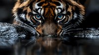 Close-up portrait of majestic tiger with intense blue eyes drinking water, face reflection on dark surface. Dramatic wildlife photography with selective focus.